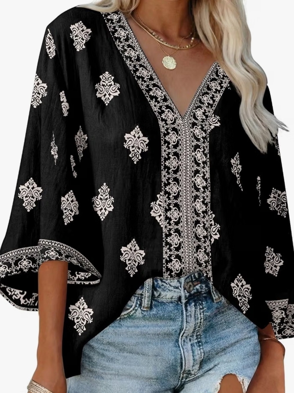 SHEWIN Womens Fall Casual Floral Print Deep V Neck 3/4 Sleeve Blouse, Boho Tunic